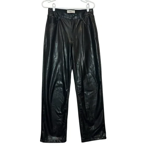 Abercrombie & Fitch Women 28/6 Curve Love Vegan Leather 90s Straight Pant Black - Picture 3 of 16